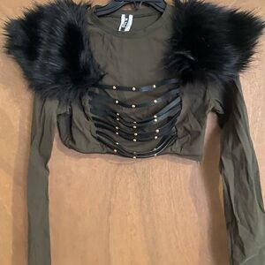 Olive green faux fur top